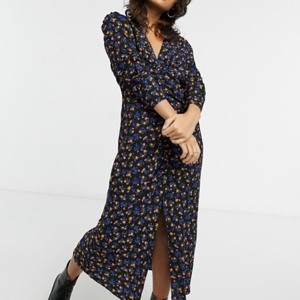 TOPSHOP plunge front floral midi dress Medium
